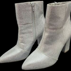 Silver Rhinestone Sparkle Ankle Boots Pointed Toe Block Heel Size 6 Party Glam